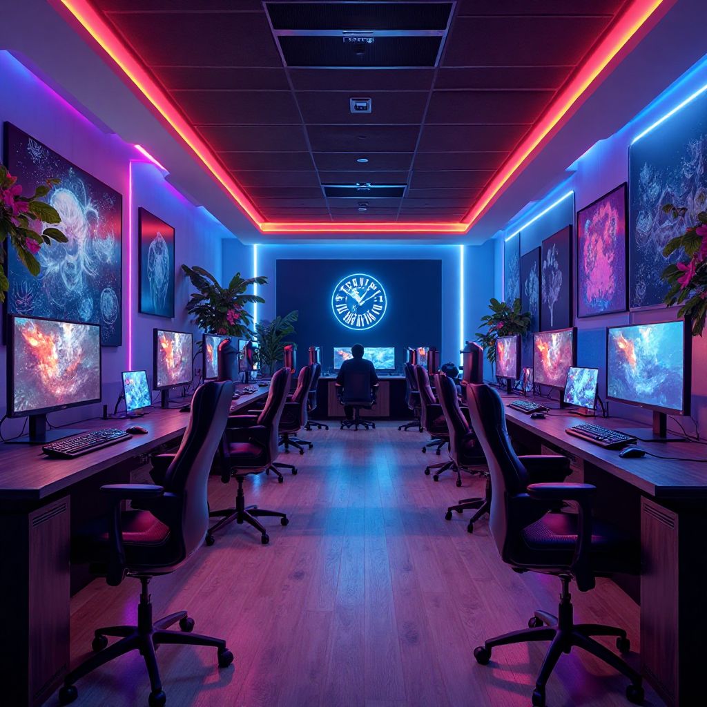 UltraGame Club gaming ruimte met moderne computers en LED verlichting